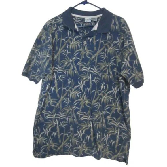 Tropical Palm Tree Print Polo Shirt Blue OP Ocean Pacific XXL Cotton - Picture 2 of 5